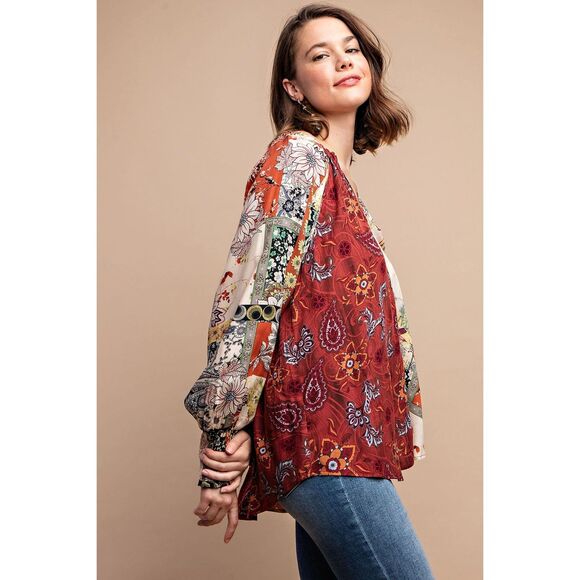New GIGIO S M L Byzantine Garden Mixed Print V Neck Flowy Hi-Low Hem Top - Picture 3 of 7